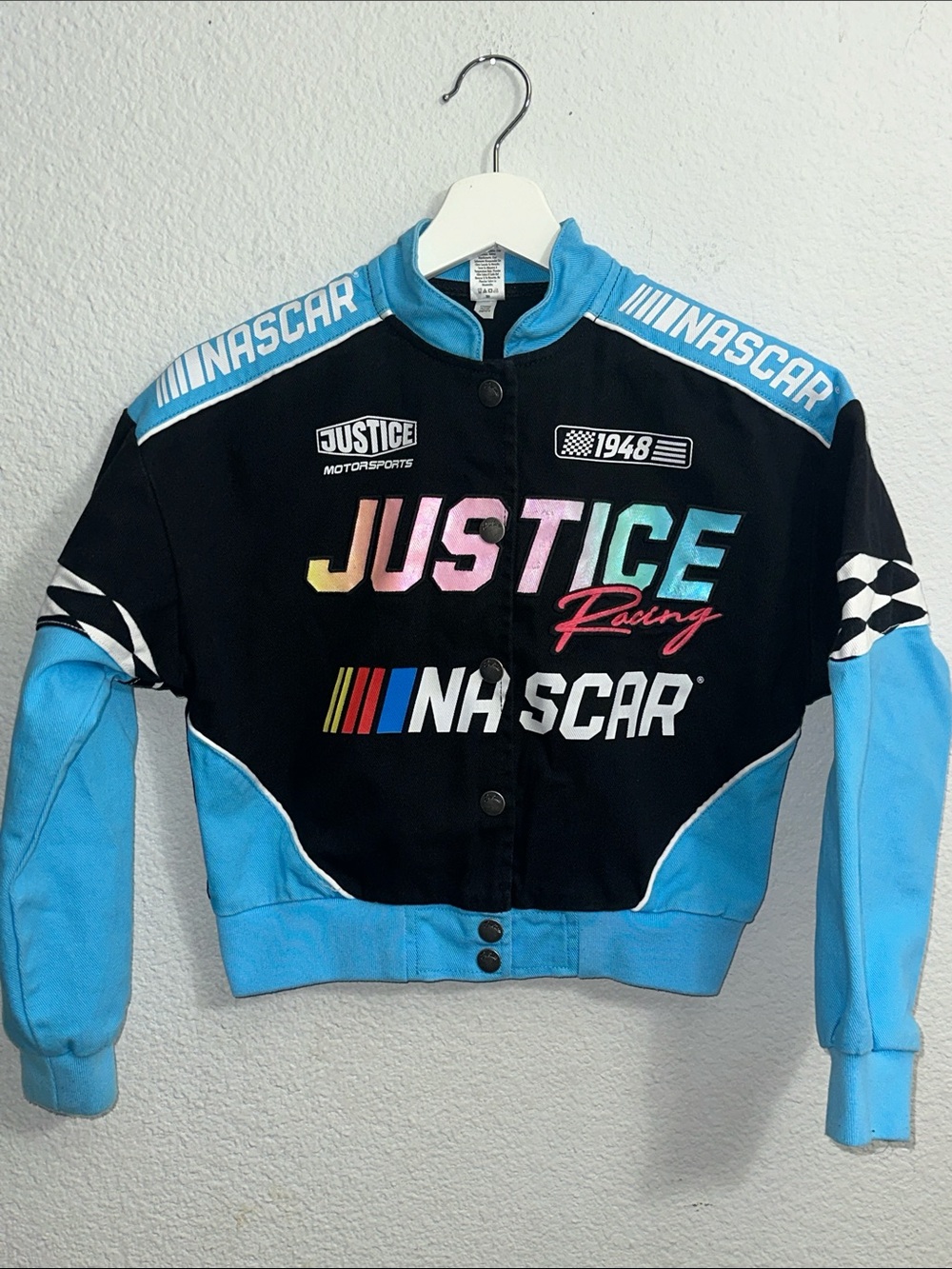 Justice‎ Girls Blue Black Nascar Denim Jacket Motorsports Racing Jacket Small